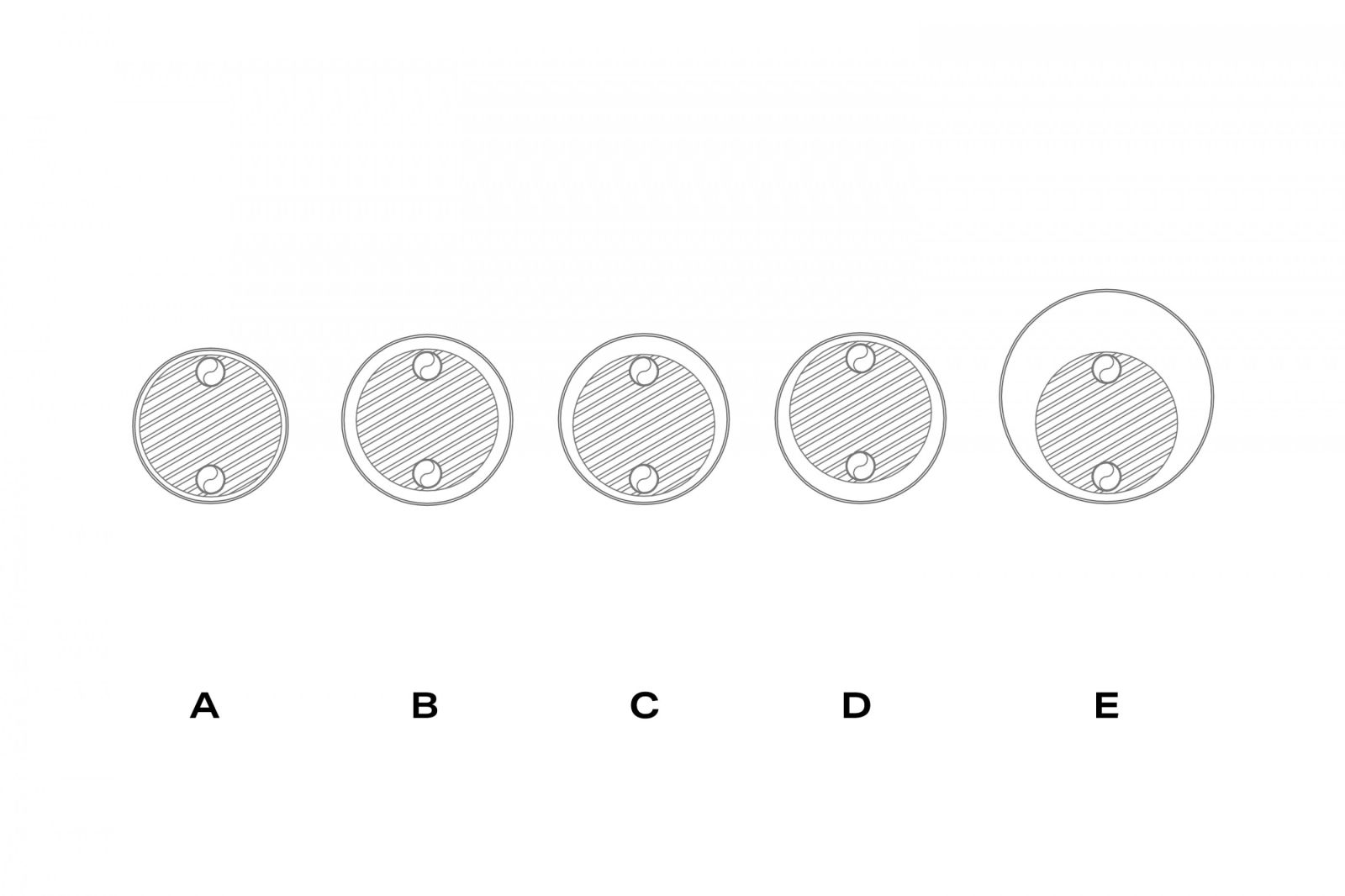 Orientation of plate pack in shell (A = standard shell, concentric, general applications; B = enlarged shell, concentric, gas applications; C = enlarged shell, eccentric to bottom, flooded evaporators; D = enlarged shell, eccentric to top, receiver in condenser; E: oversized shell, eccentric to bottom, combined evaporator)